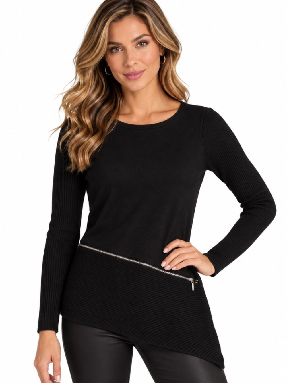 White House Black Market Women’s Small Black Ribbed Tunic Top Long Sleeve Zipper